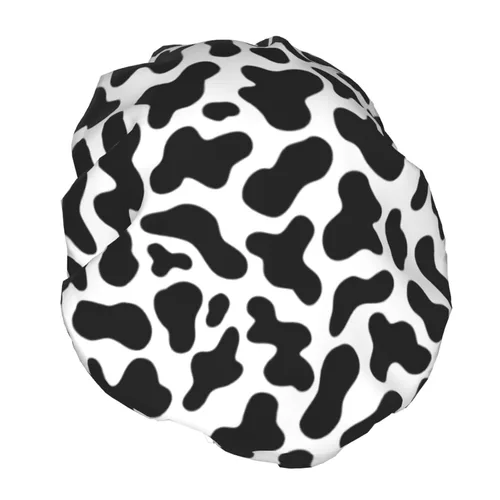 Vista 2 de Gorro de ducha de granja de animales abstractos de piel de vaca en blanco y negro para mujer, doble capa impermeable ajustable, gorra de baño