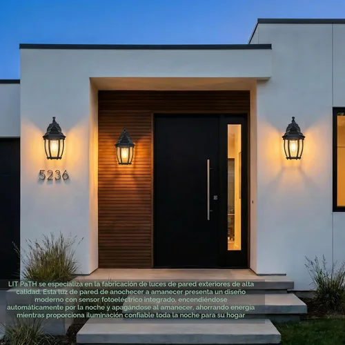 Vista 7 de LIT-PaTH Farol de pared para exteriores del atardecer al amanecer, aplique de pared como accesorio de iluminación de porche con base mediana E26