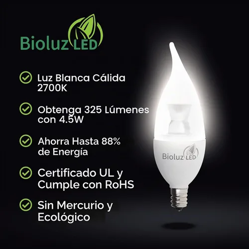 Vista 2 de Bombilla LED Bioluz LED de 40 W con punta de llama, bombillas LED de candelabro regulables, base E12, bombillas de vela de 2700 K, blanco cálido