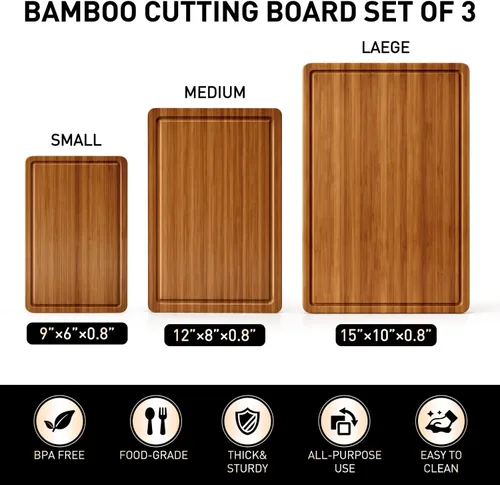 Vista 4 de Juego de 3 tablas de cortar de bambú con pies antideslizantes, tablas de cortar de madera maciza para cocina, tablas de cortar de madera no tóxicas