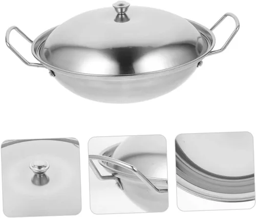 Vista 4 de SHOWERORO 1 juego de sartén de cocina de acero inoxidable con tapa, olla caliente de doble mango para uso diario, utensilios de cocina multifunción