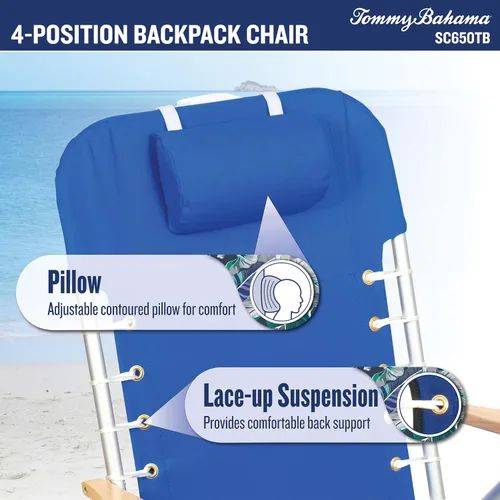 Vista 6 de Tommy Bahama 2-Pack Silla de Playa con Mochila Hi-Boy, Altura del Asiento de 17 Pulgadas, 4 Posiciones, con Cordones, Silla Plegable, Azul Palmas