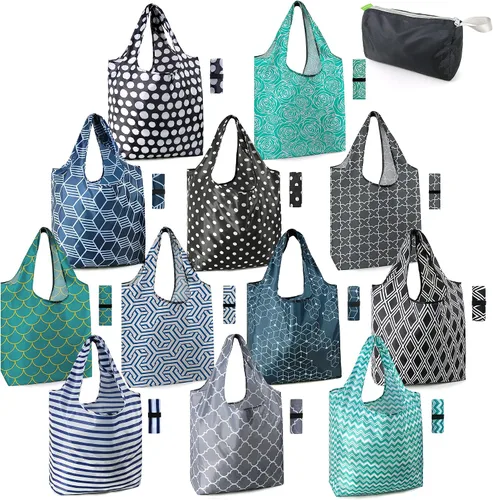 Vista 24 de BeeGreen Bolsas de comestibles reutilizables de Navidad con bolsa de almacenamiento con cremallera, paquete de 10 bolsas de compras reutilizables a