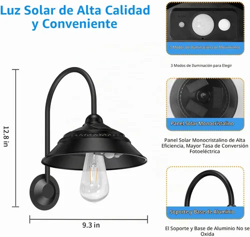 Vista 3 de Luz solar de granero para exteriores con 3 modos de iluminación y apliques de pared con sensor de movimiento, luces rústicas de gallinero, luz