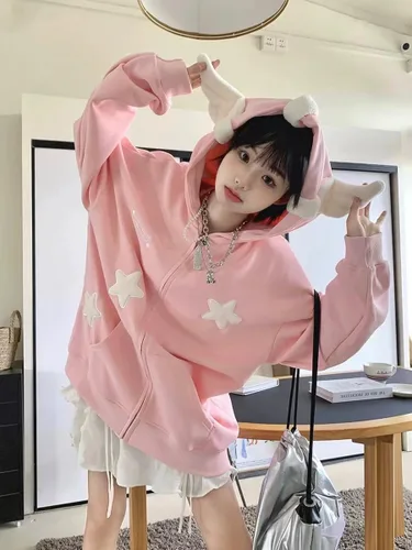 Vista 2 de grhaat Kawaii Angel Wings Star Sudadera con capucha Y2k Anime japonés cremallera Harajuku Casual Sudadera Cutecore Diseñador Streetwear