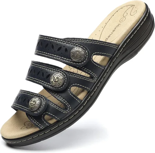 Vista 17 de Sandalias de cuero cómodas para mujer, ligeras, planas, bonitas, sin cordones, informales, para caminar Beige