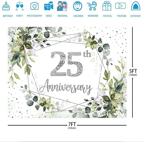 Vista 3 de Ticuenicoa Fondo de decoración de aniversario de boda, 7 x 5 pies, pancarta de decoración de 25 aniversario de vegetación, suministros para fiesta