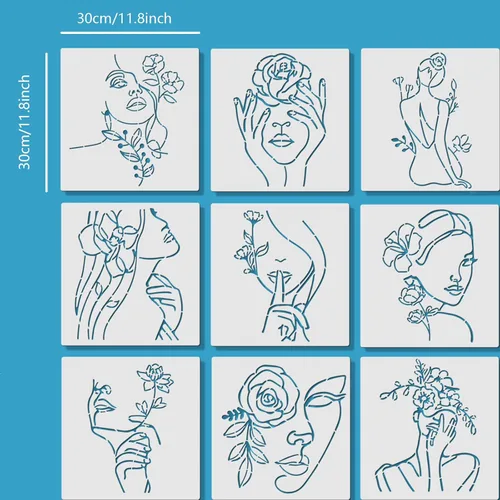 Vista 2 de ORIGACH 9 PCS 11.8x11.8 pulgadas Plantillas Abstractas Minimalistas Modernas de Mujeres, Patrón de Cara Femenina Floral Plantillas Grandes de PET