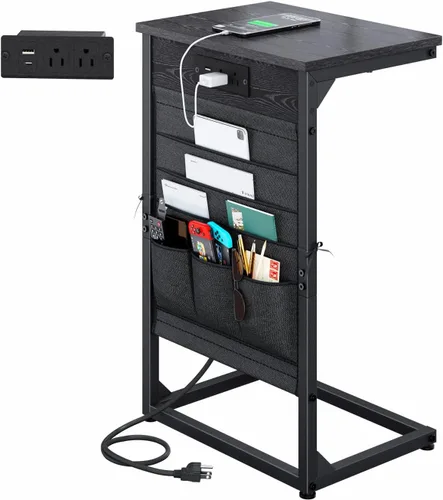 Vista 6 de Mesa auxiliar en forma de C con estación de carga rápida, mesa lateral pequeña para sofá con bolsa de almacenamiento, bandeja de TV para sofá