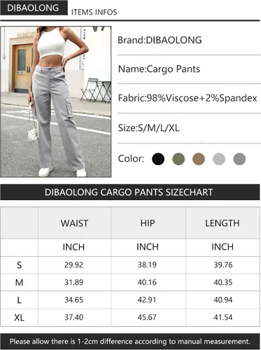 Vista 6 de DIBAOLONG Pantalones cargo para mujer, cintura alta, pantalones casuales de pierna ancha, pantalones Y2K, pantalones holgados militares, 6 bolsillos