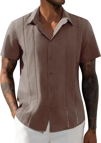 Vista 6 de Camisa de manga corta de lino para hombre de DEMEANOR, camisa guayabera cubana con botones, camisa casual de verano para la playa, la vacación