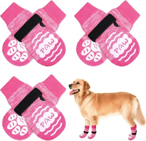 Vista 21 de BEAUTYZOO Calcetines antideslizantes para perros, zapatos de perro para pavimento frío/caliente, protectores de patas con empuñaduras, 3 pares