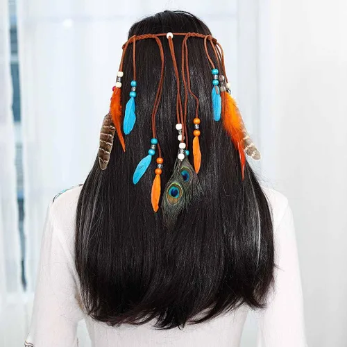 Vista 7 de Outyua Thurquoise Bohomian - Tocado de plumas largas de plumas gitanas nativas de pavo real diadema ajustable de plumas