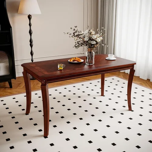 Vista 5 de PADMA HOUSE Mesa de comedor tradicional de madera maciza para 6, 59 pulgadas de largo, mesa rectangular de madera con patas curvas, escritorio