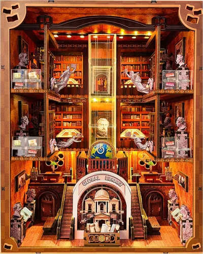 Vista 7 de Kit de rincón de libro de música para bricolaje, rompecabezas de madera 3D para adultos y adolescentes, estante de libro en miniatura con luz LED