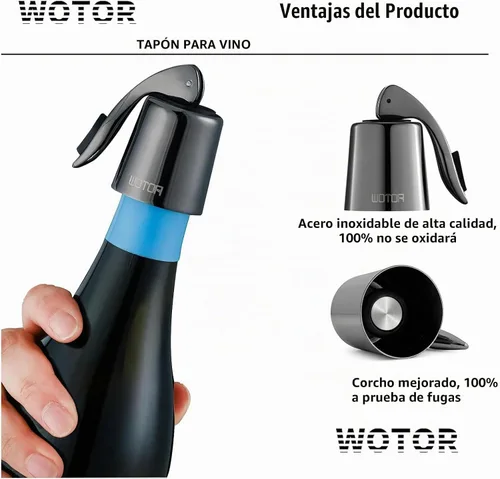 Vista 2 de WOTOR Tapones para botellas de vino de acero inoxidable con silicona Negro-2