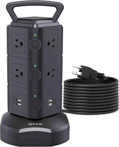 Vista 20 de Regleta de alimentación con protector de sobretensión de torre, JACKYLED 16 tomas 6 USB (2 USB C) estación de carga, cable de extensión con Negro