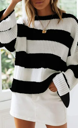 Vista 2 de ZESICA - Suéter tejido sin botones de manga larga y cuello redondo para mujer, a rayas, bloques de color, cómodo, holgado, talla extragrande