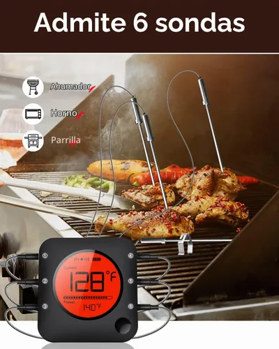 Vista 7 de BFOUR Termómetro de carne inalámbrico Bluetooth, termómetro digital LCD para carne con doble sonda, termómetro remoto inalámbrico para ahumador