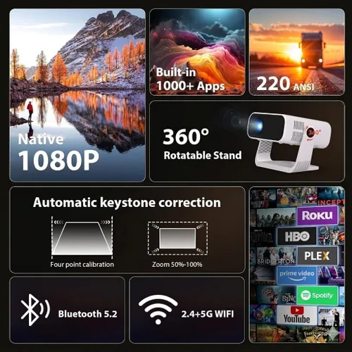 Vista 2 de Projector Mini Smart, with Wifi and Bluetooth, 220 ANSI 1080P HD, Built-in Apps, Portable Outdoor Bedroom Movie Projector, for Phone, Android TV