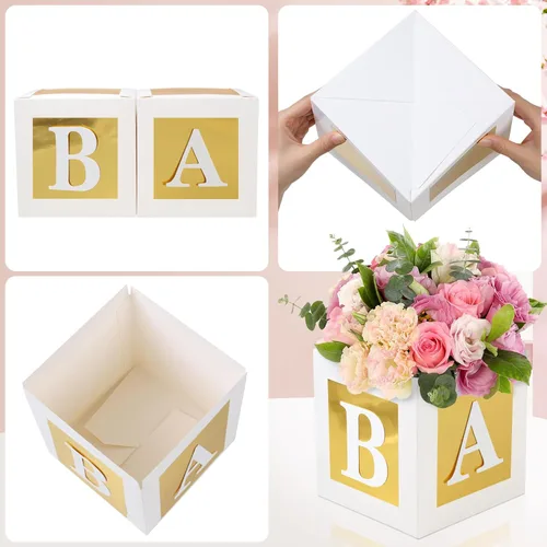 Vista 7 de 4 Piezas Cajas de Flores para Baby Shower Centros de Mesa Decoración Dorada Bloque de Bebé Soporte Floral Centro de Mesa Baby In Bloom Revelación