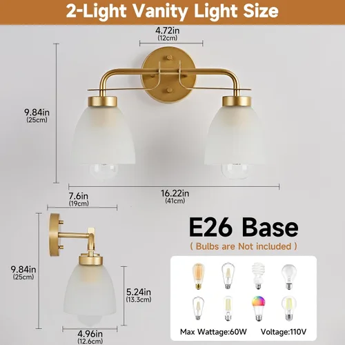 Vista 2 de Luces de tocador modernas de mediados de siglo de 16 pulgadas, lámpara dorada de 2 luces con pantallas de campana blancas esmeriladas, aplique