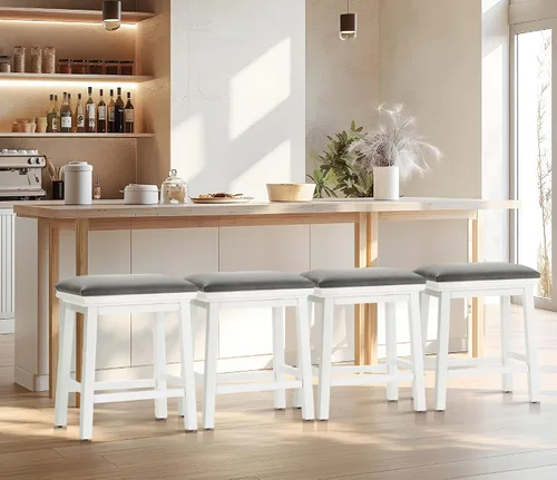 Vista 16 de Taburete de bar gris de madera maciza para encimera de cocina, taburete de bar con asiento de cuero sintético, taburete tapizado para isla de 34 a