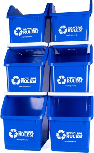 Vista 10 de ¡Reglas de reciclaje! Contenedor de papelera de reciclaje apilable de 6 galones en azul, reciclador práctico libre de BPA ecológico con asa, paquete
