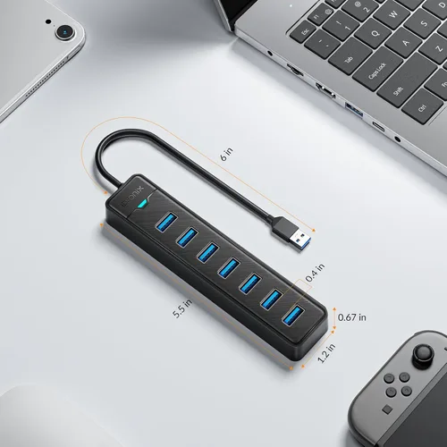 Vista 6 de IDsonix Hub USB 3.0 de 7 puertos para laptop, PC, conexión estable de 5 Gbps SuperSpeed Expansor de puerto USB, divisor multipuerto de expansión