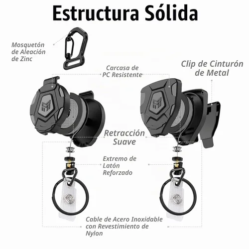 Vista 5 de MNGARISTA Llavero retráctil resistente, versión con clip de cinturón y versión con mosquetón, retracción de 9 oz, cuerda de acero de 80 cm, carrete