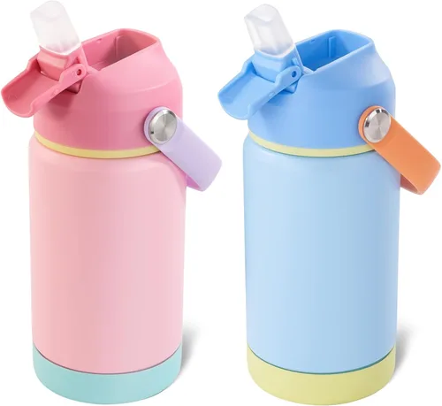 Vista 31 de Kerilyn - Botella de agua para niños, de acero inoxidable, con pajilla a prueba de fugas, con aislamiento térmico, libre de bisfenol A, unisex