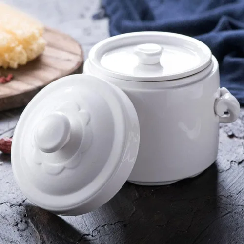 Vista 4 de Hemoton Olla de cerámica para estofado de 3.74 x 3.74 x 4.13 pulgadas, pequeña olla blanca con tapa para huevos al vapor, natillas de pájaros, nido
