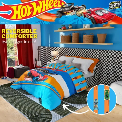 Vista 5 de Franco Ropa de cama para niños, edredón reversible de microfibra súper suave, tamaño individual/matrimonial, Hot Wheels