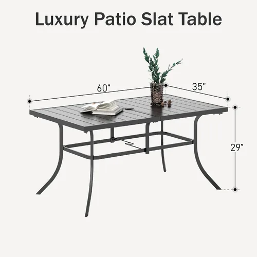 Vista 3 de PHI VILLA Mesa rectangular de comedor con listones de acero metálico para 6 personas con agujero ajustable para paraguas, resistente a la intemperie