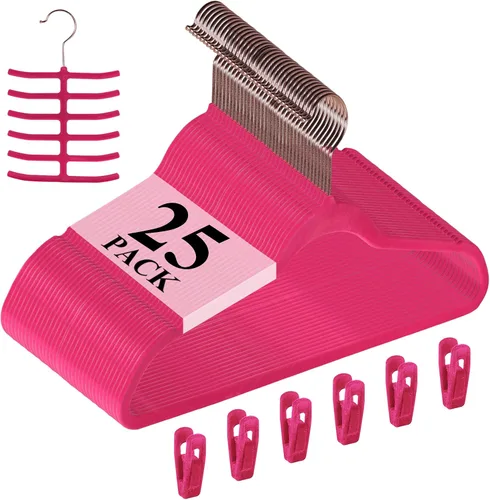 Vista 19 de VECELO Perchas de Terciopelo Premium para Ropa de Servicio Pesado (Paquete de 25) - Antideslizantes y que Ahorran Espacio con 6 Clips para Dedos