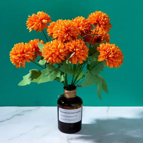Vista 2 de Flores artificiales de caléndula, paquete de 4 ramos de flores de caléndula de seda de 12 pulgadas para decoración del día de los muertos