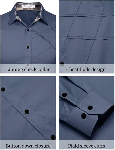 Vista 5 de COOFANDY Camisas de vestir de algodón para hombre, manga larga, cuello a cuadros, ajuste delgado, casual, con botones