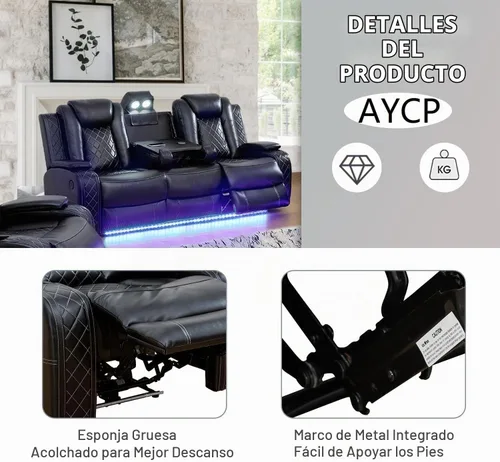 Vista 4 de Juego de sofá reclinable multifunción de cuero Power Air con luces LED, muebles de sala de estar, sofá reclinable, sofá biplaza, silla con puerto