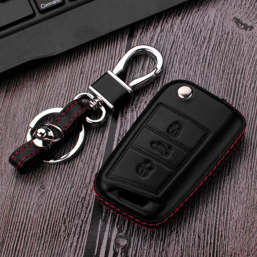 Vista 5 de Hombres Mujeres Cuero Genuino Llavero Funda Para Volkswagen/Para Skoda/Para Audi/Para Asiento Flip Car Remote Key Case Funda Funda Con Kit Llavero
