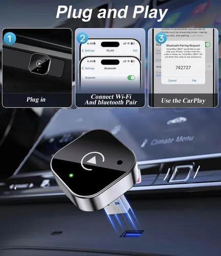Vista 5 de Adaptador Inalámbrico CarPlay y Dongle Android Auto, Conexión Automática Rápida, Convertidor Inalámbrico CarPlay Compacto Plug & Play para iPhone