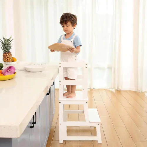 Vista 5 de Taburete de cocina para niños con riel de seguridad, construcción de madera maciza taburete de aprendizaje para niños pequeños, taburete Montessori