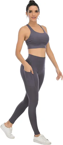 Vista 5 de YOUNGCHARM - Paquete de 4leggings con bolsillos para mujer, con cintura alta y control de abdomen, pantalones deportivos de yoga