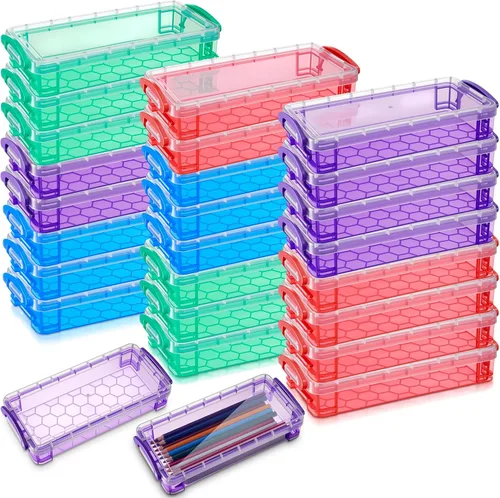 Vista 7 de Gueevin Caja de lápices de gran capacidad de plástico de 24 piezas, estuche de lápices transparente de plástico con tapa de cierre hermético, caja