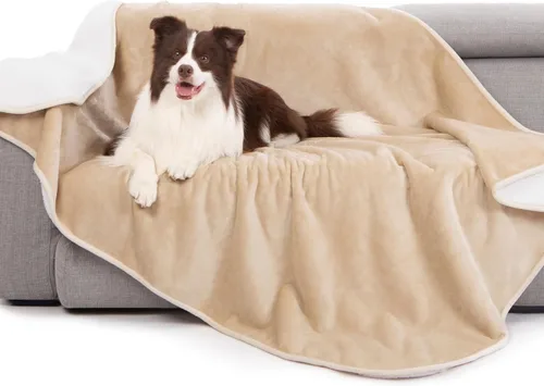 Vista 20 de gogobunny Manta de cama impermeable, manta reversible de forro polar Sherpa para perro, cachorro y gato, funda para muebles que protege la cama Beige