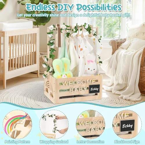 Vista 3 de Jupwalz Armario de madera para baby shower con perchas, letras, divisores, cesta de fácil montaje para niños recién nacidos, regalos de embarazo