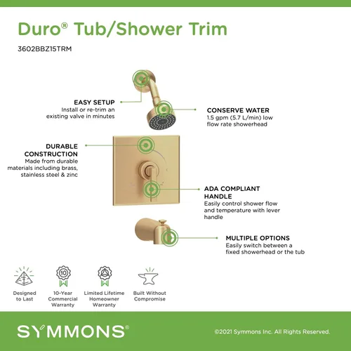 Vista 3 de Symmons 3602BBZ15TRM Duro molduras para bañera/ducha con mango de palanca, bronce cepillado