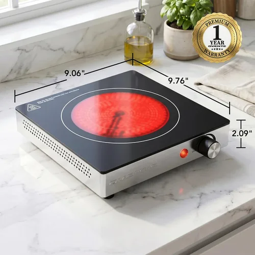 Vista 6 de OVENTE Quemador Individual de Cerámica Infrarroja, Placa Caliente Eléctrica de Encimera de 1200W con Vidrio Cristalino Negro, Superficie de Cocción