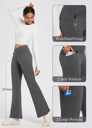 Vista 4 de BALEAF Pantalones forrados de vellón para mujer, para invierno, térmicos, resistentes al agua, estilo leggings, cruzados, acampanados, cálidos