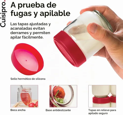 Vista 2 de Cuisipro Tarros con tapas, tarros de vidrio de 6 onzas con tapa hermética boca ancha, paquete de 4, tarros de conservas para líquidos, recipiente