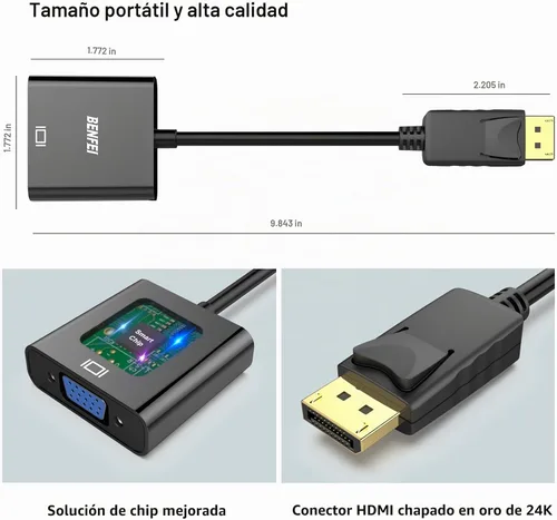 Vista 6 de BENFEI Conversor DisplayPort a VGA, cable macho a hembra chapados para Lenovo, Dell, HP, ASUS. Adaptador de pantalla DP unidireccional a VGA 1080P